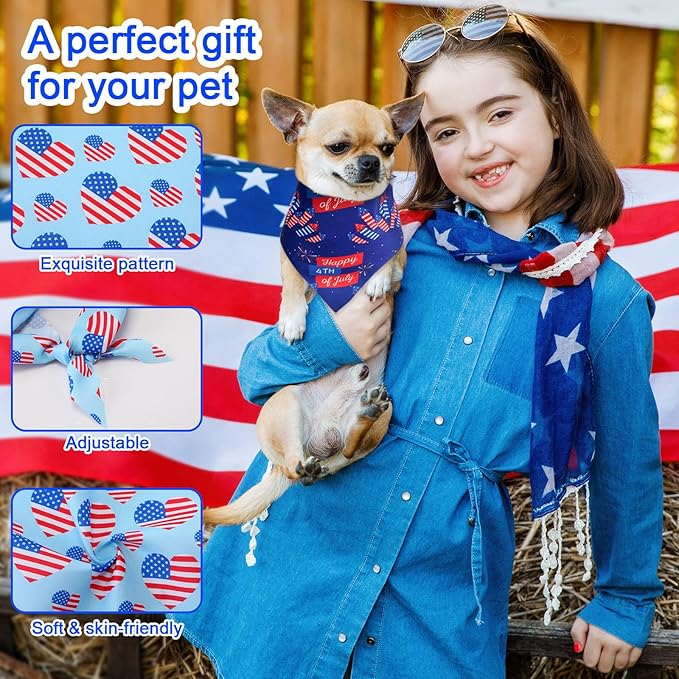 Huhumy 100 Pcs 4th of July Dog Bandanas Bulk 3 Sizes Dog Washable Bandana Adjustable Washable Patriotic Scarf for Small Medium Large Dogs, Independence Day Designs