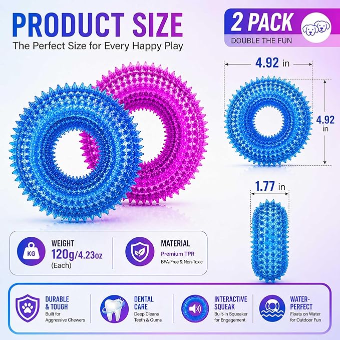 ADUCK Dog Squeaky Chew Toys for Aggressive Chewers, Small Medium Large Dogs Teeth Cleaning Soft Natural Rubber Float Toy for Indoor Outdoor Water Pool, Donut Ring Design 4.92 inch, Blue Purple