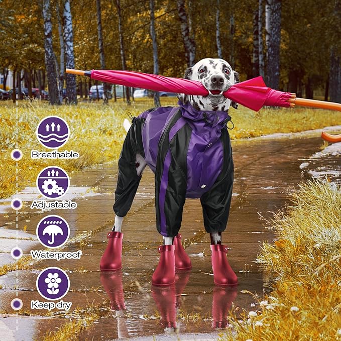Dog Raincoat, Waterproof Dog Rain Coats for Large Dogs, Lightweight Rain Jacket, Adjustable 4 Legs Pet Poncho with Hood, Snow-Proof Dog Vest Rainwear, Rain Clothes Apparel with Leash Hole