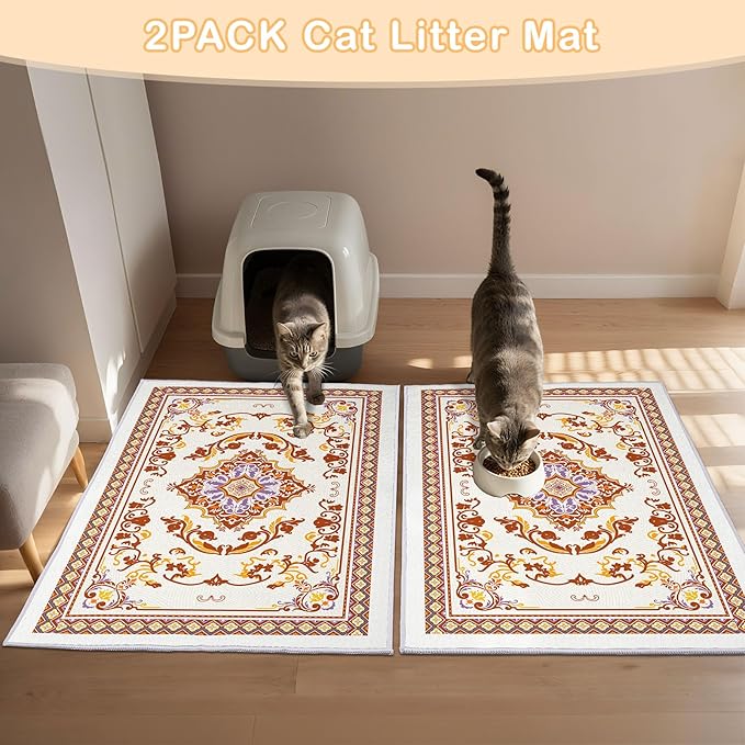 Washable Cat Litter Mat 48"x36" 2Pack with Non-Slip Bottom Waterproof Litter Box Mat Easy to Clean Litter Trapping Mat for Kitty