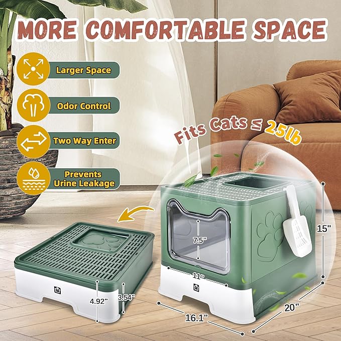 Covered Cat Litter Box with Litter Mat, Foldable Extra Large Dual Entry Adjustable Door, Drawer Design Enclosed Kitty Litter Box, Odor Control Anti-Splashing Easy Cleaning (Green)