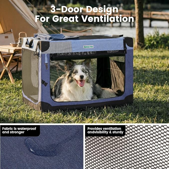 Gardner Pet Soft Collapsible Dog Crate - 26 Inch Portable Travel Dog Crate for Puppy/Small Dogs Indoor & Outdoor, 3-Door Pet Crate with Durable Mesh Windows & Storage Bag, Blue