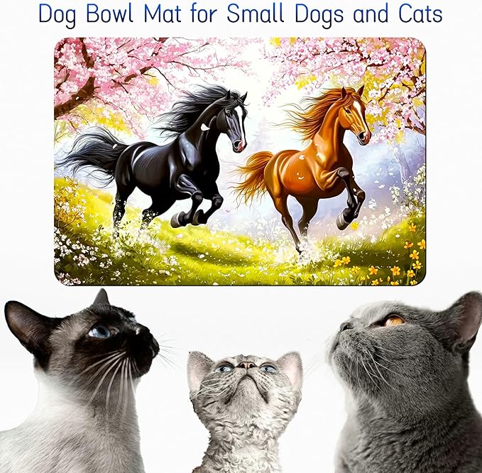 Dog Food Mat, 15.7" x 23.6" Absorbent Pet Feeding Mat for Food and Water, Waterproof Diatom Mud Pet Placemat with Non-Slip Rubber Backing, Cat Bowl Mat for Floors - Black Yellow Horse