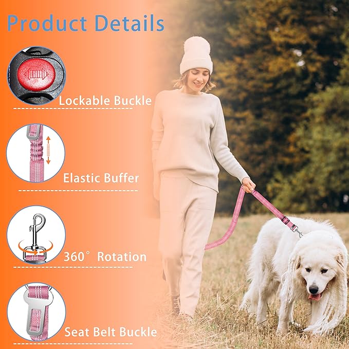 Seyezo 3-Piece Dog Car Harness Set - Retractable, Adjustable, Reflective Dog Seatbelt for Vehicle Headrests - Heavy Duty & High Elastic, Pink