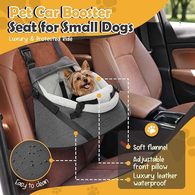 WOYYHO Luxurious Dog Booster Car Seat Designed for Tiny Dogs up to 7 lbs, Vegan Leather Pet Dog Car Seat with Safety Belt & Soft Flannel Liner for Teacup Yorkie, Chihuahua, Maltese, Small Dogs Cats