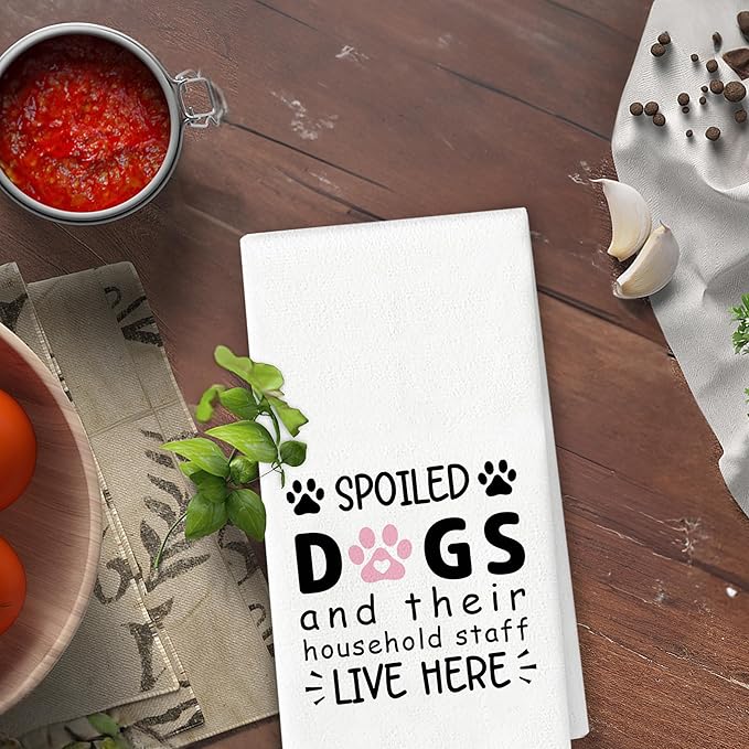 Dog Mom Dish Towels - Funny Dog Gifts for Women, Spoiled and Their Household Staff Live Here Hand Towels for Kitchen Bathroom 16x24 Inch