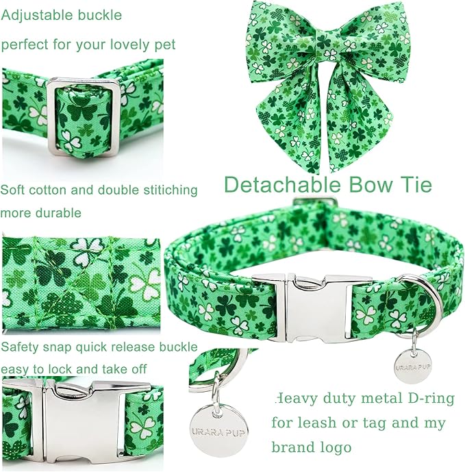 St. Patrick's Dog Collar with Bow Tie, Cotton St. Patricks Bowtie Collar for Puppy Girl Boy Dog or Cat, Lucky Shamrock Dog Collar with Metal Buckle, Green, Spring, XS