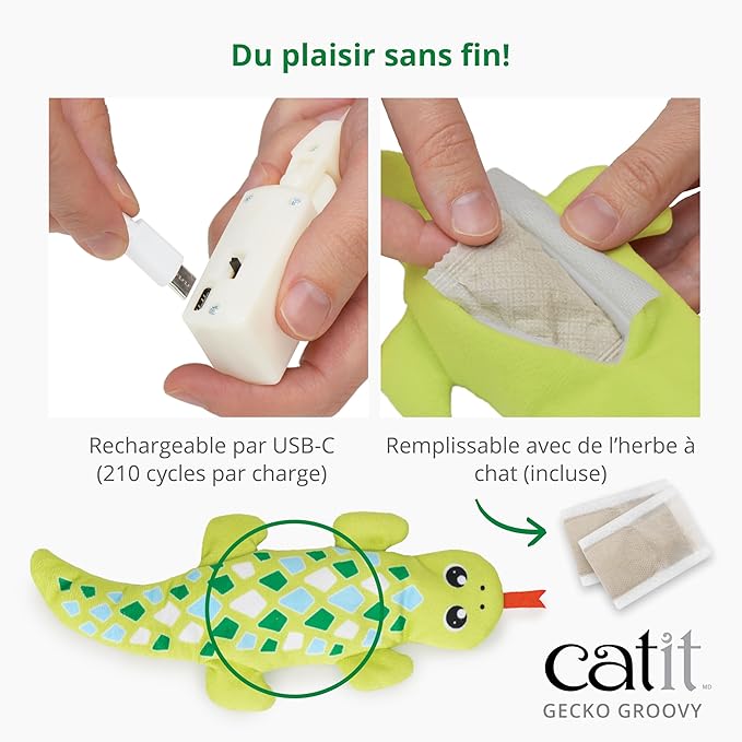 Catit Groovy Gecko Interactive Cat Toy – Flopping Motion Toy with Catnip & Silvervine, USB Rechargeable, Motion Sensor, Washable Cover – Green