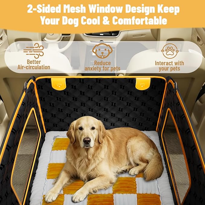 2-in-1 Dog Car Seat for Large Dogs Set with Dog Mat,Dogs Cars Carrier Anti Slip and Waterproof,Pet Car Seat Extender with Hard Bottom&Personalized Signature for Cars/SUV/Trucks(Brown Mat)
