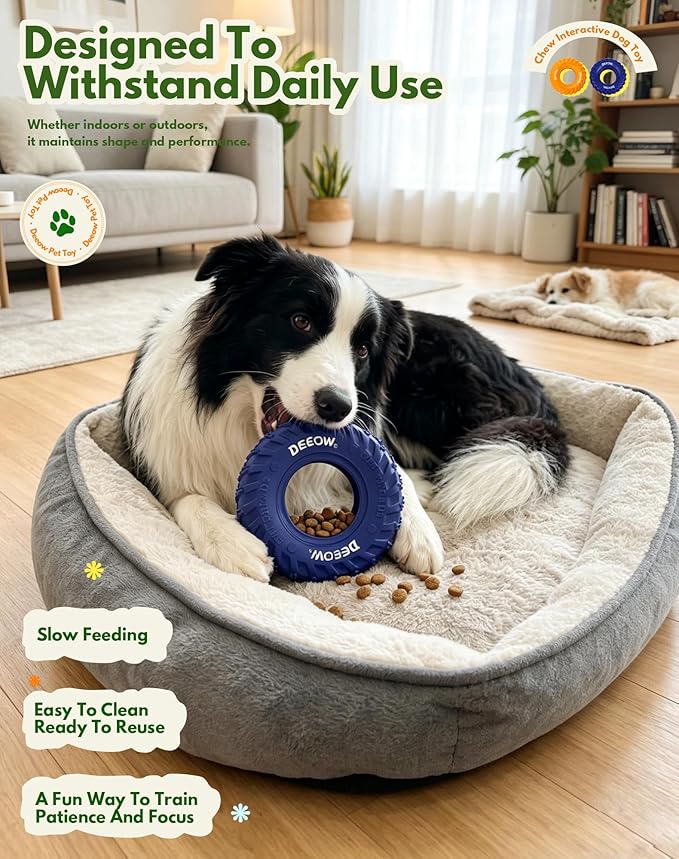 Deeow Dog Tire Toy-2026 Upgraded, Treat Dispensing Chew Toy for Teething Clean & Dental Care, Natural Rubber Enrichment Dog Toys for Boredom Relieve, Interactive Tug-of-War Slow Feeder Pet Toys-Blue