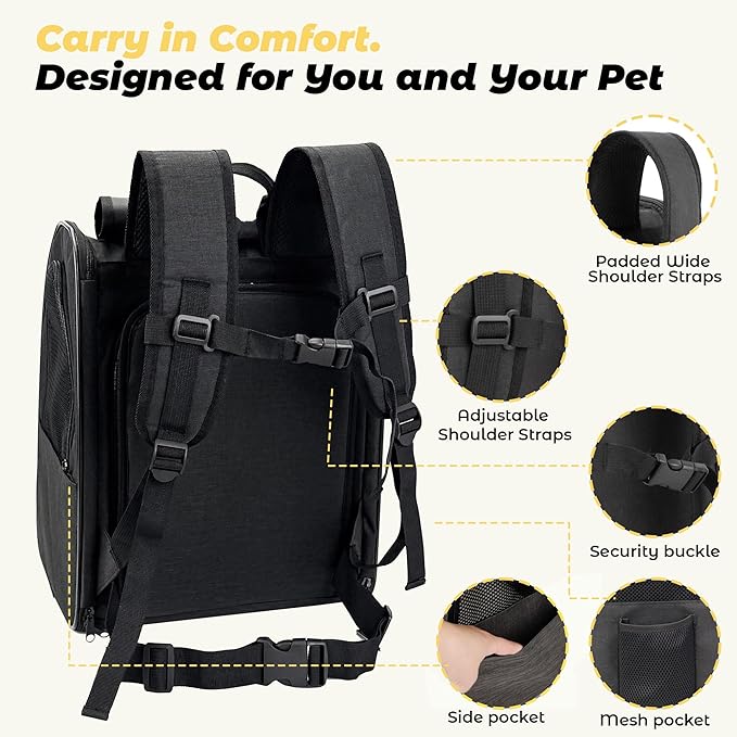 Zavothy Cat Backpack Carrier – Expandable Airline Approved Pet Travel Bag for Cats & Small Dogs, Breathable Mesh Pet Carrier Backpack with Padded Base (Black)