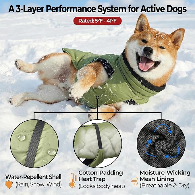 Dog Winter Coat, Warm Puffer Jacket with Fur-Safe Buckle & Leash Hole for Cold Weather, Water-Repellent Snow Vest, Breathable Thermal Apparel for Hiking & Active Dogs (Green, X-Small)