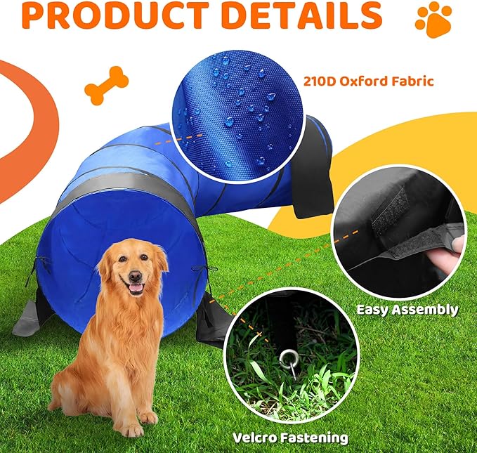 25.6in 10FT Dog Agility Tunnel, Dog Tunnel for Large Dogs with 2 Sand Bags, 4 Ground Stakes and Tote Bag, Dog Tunnel for Large Dogs