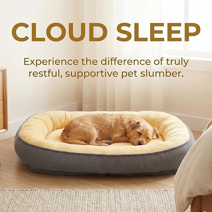 Calming Dog Bed for Medium to Large Dogs 30"x20" - Orthopedic Washable Pet Bed with Anti-Slip Bottom, Indoor Soft Cat Bed with Removable Cover (Beige)