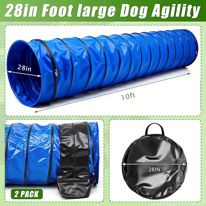 Briwooody 28 in 10 Foot PVC Dog Agility Tunnel with Sandbags Dogs Agility Training Equipment Tunnel with 2 Pack Sandbags, Carry Bag and 4 Ground Spikes for All Medium Large Dogs(Blue)