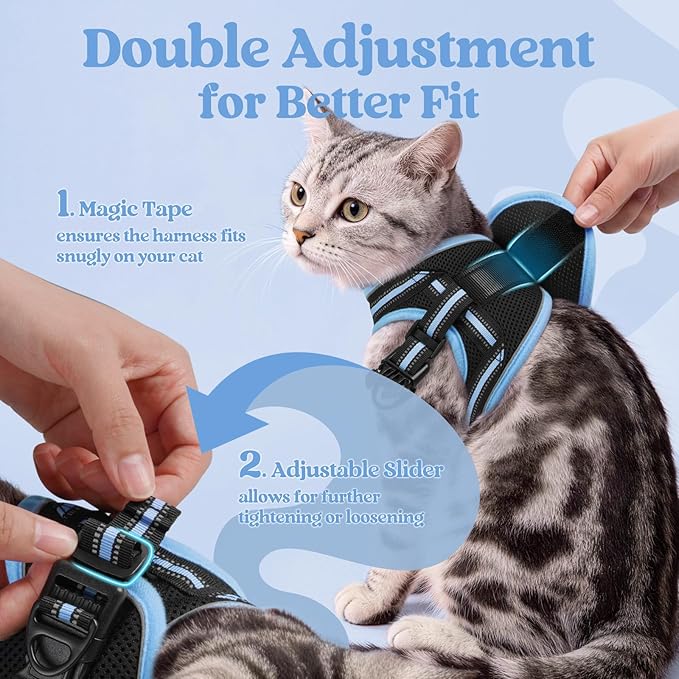 rabbitgoo Cat Harness and Leash, Step-in Escape Proof Kitten Harness Set, Soft Comfortable Cat Vest, Easy to Wear and Adjust, Reflective for Safe Outdoor Walking, Black&Light Blue, Large