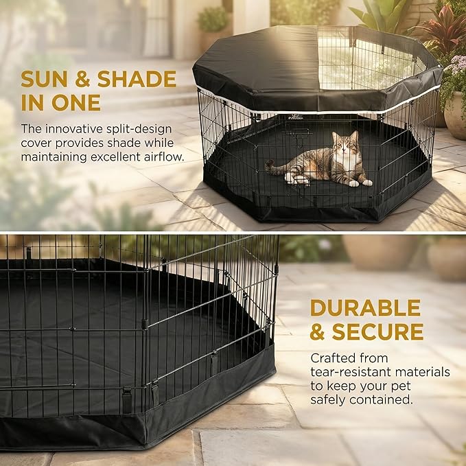 PJYuCien Octagonal Dog Playpen with Top Cover and Bottom Pad - Metal Foldable Exercise Pen, 8 Panels 36" H x 24" W Indoor Outdoor Pet Fence Puppy Crate Kennel, Black