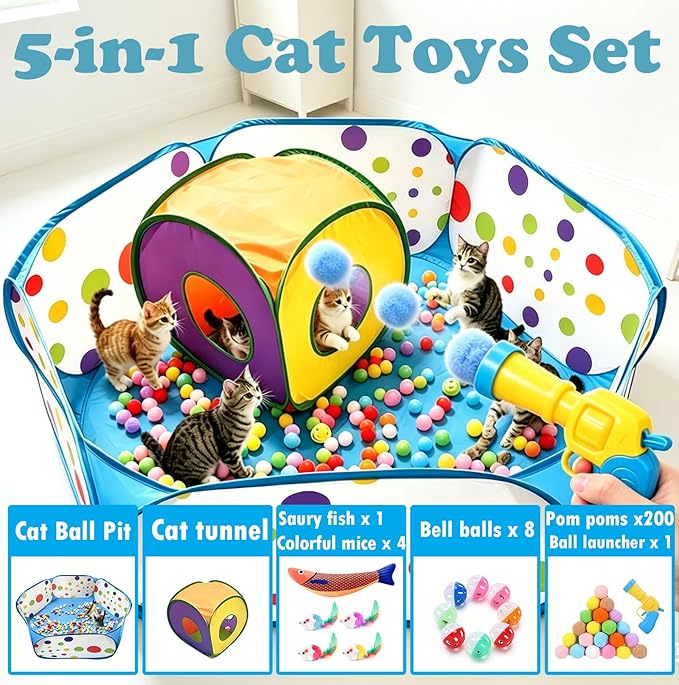 Ball Pit and Tunnel Tent for Cats, with 200 Pom‑pom Balls, 1 Ball Launcher, 8 Bell Balls, 4 Colorful Mice and 1 Saury Fish, Foldable Indoor & Outdoor Cat Activity Center for Interactive Play