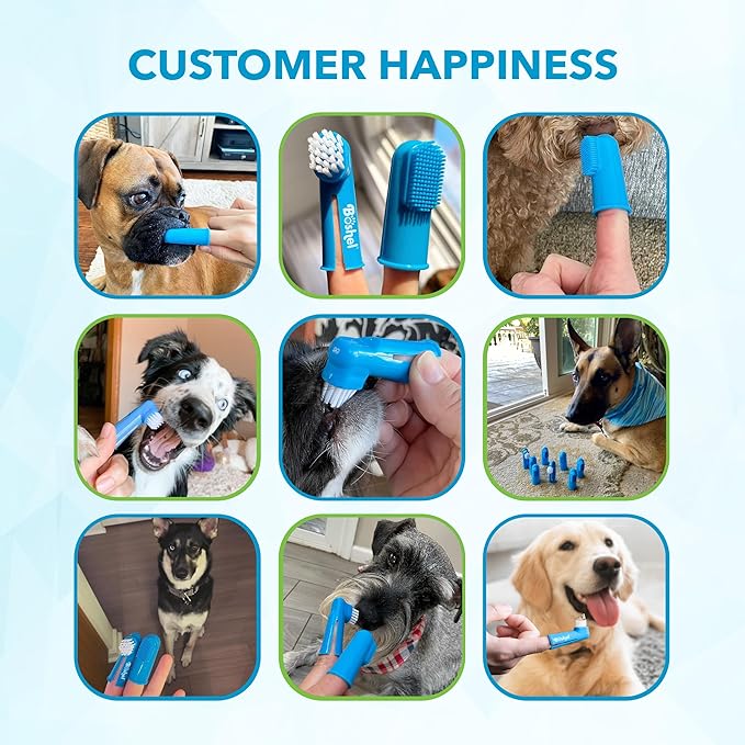 Boshel Dog Finger Toothbrush, Deep Teeth Cleaning Tooth Brushing Kit, Blue for Small and Large Breeds, Silicone & Nylon Soft Bristles, 8 Pack