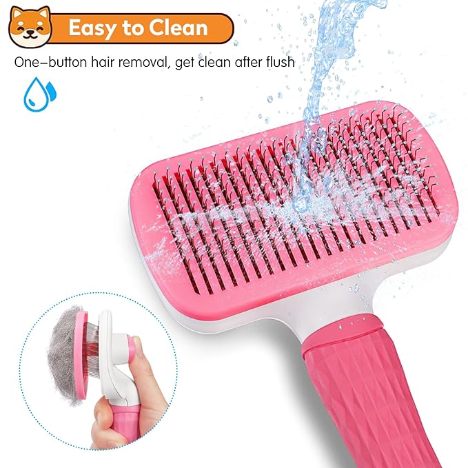 Dog & Cat Brush Kit 2PCS, Self Cleaning Slicker Brush for Pets, Dog Brush for Shedding Massaging and Grooming, Removes Loose Undercoat & Portable Comb for Long Short Haired Dogs