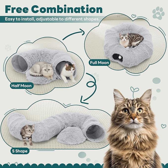 DUMOS Cat Tunnel Bed for Indoor Cats Cave Donut Play Tunnel with Soft Plush Peekaboo, Circle Cushion, Washable Multifunctional Playground Under Tree Pet Toys for Kittens, Puppy Rabbit, Ferret, Grey