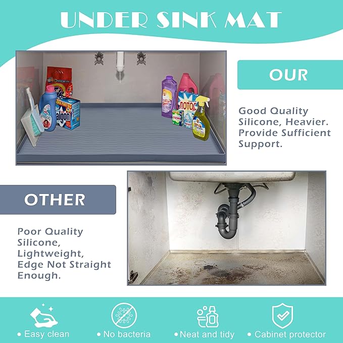 URMONA Waterproof Silicone Under Sink Mat 16'' x 10'' Shelf Liner for Kitchen and Bathroom, Cabinet and Counter Protector, Storage and Organizers, Litter Mat, Pet Cat Puppy Essentials(Dark Grey)