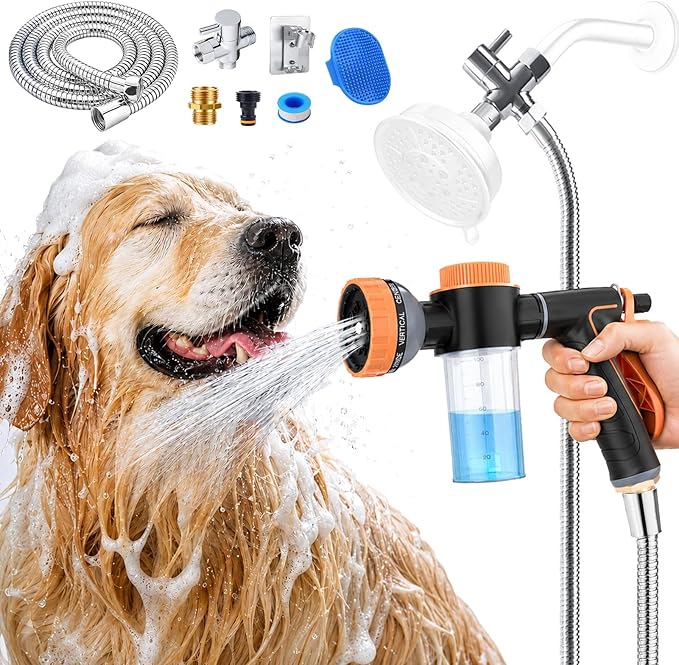 Dog Shower Attachment with Metal 3-Way Shower Diverter & 10inches Shower Hose for Bathroom Showr Arm, Dog Wash Hose Nozzle Sprayer for Easy Pet Bathing Dog Washing Hose Attachment