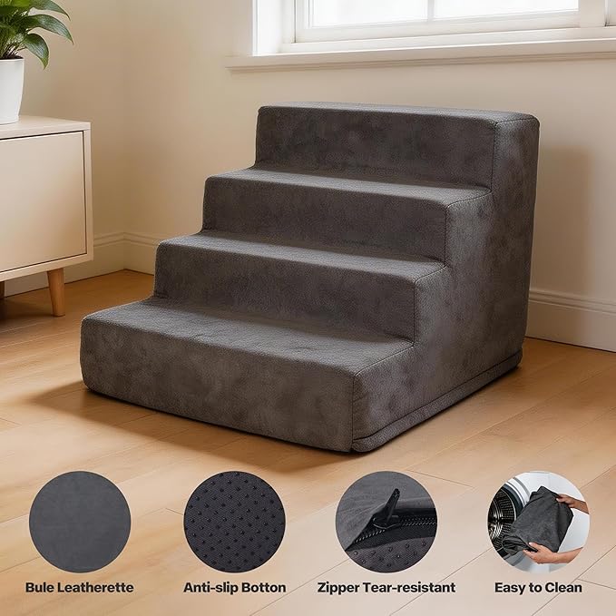 Pawise 4 Step Dog Stairs for Small Dogs Cats, Blue Suede Pet Steps, Non-Slip Pet Stairs for High Bed Couch, Indoor Portable Dog Ramp with Zipper Bottom for Medium Large Dogs and Puppy