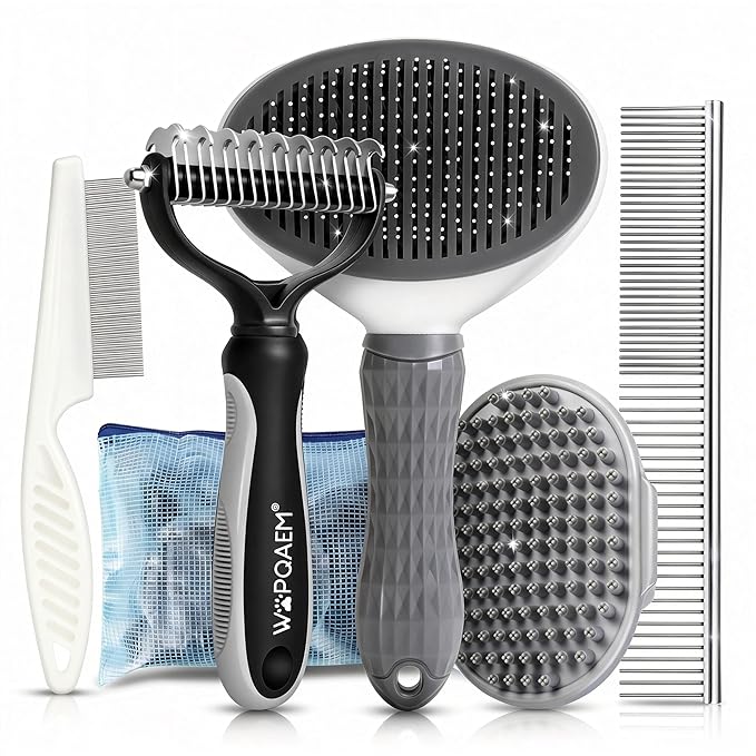 Dog Brush Grooming Kit 5 PCS - Self Cleaning Slicker Brush for Shedding Short Long Haired Dogs & Cats, Includes Pet Comb, Flea Comb, Bath Brush, Undercoat Rake - Complete Fur Care Set - Gray