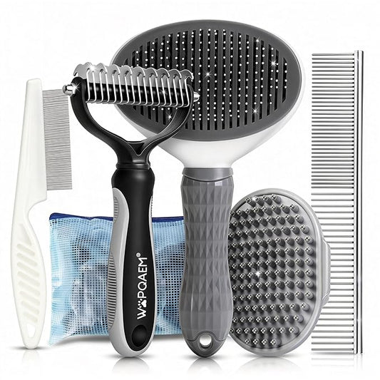 Dog Brush Grooming Kit 5 PCS - Self Cleaning Slicker Brush for Shedding Short Long Haired Dogs & Cats, Includes Pet Comb, Flea Comb, Bath Brush, Undercoat Rake - Complete Fur Care Set - Gray
