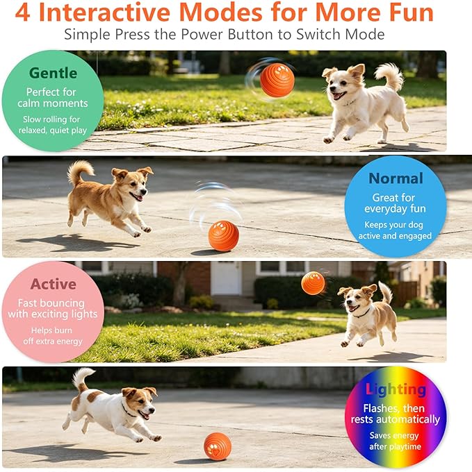 Interactive Dog Ball, Automatic Dog Toy, Vibrating Dog Ball with 4 Play Modes, Moving & Bouncing Ball for Dogs, Smart Self Rolling Dog Toy for Small Medium Dogs, USB-C Rechargeable, Orange