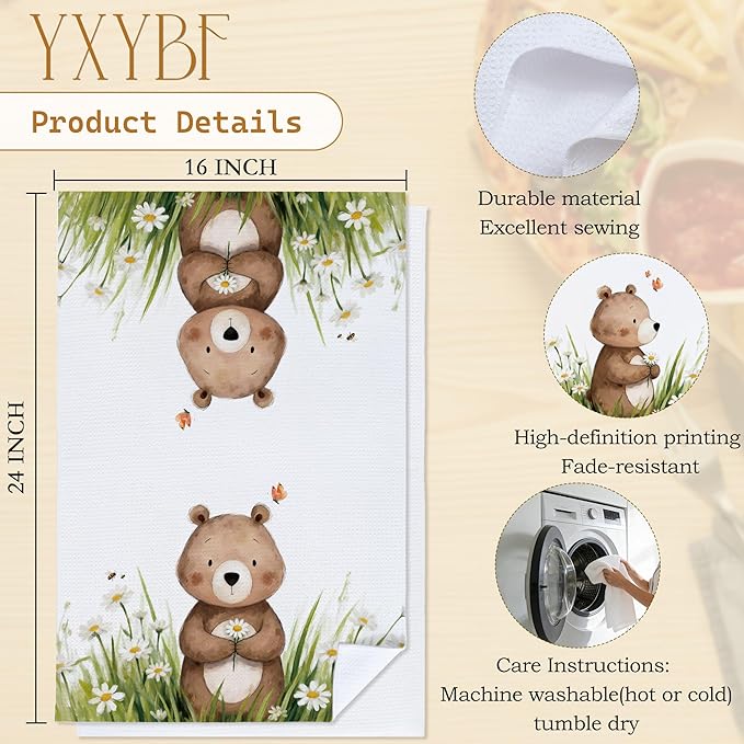 Spring Floral Bear Hand Towels for Kids Bathroom Washroom Decor 16x24 Inches, Gifts for Bear Lovers, Cute Forest Animal Kids Bathroom Towels Decorative, Set of 2