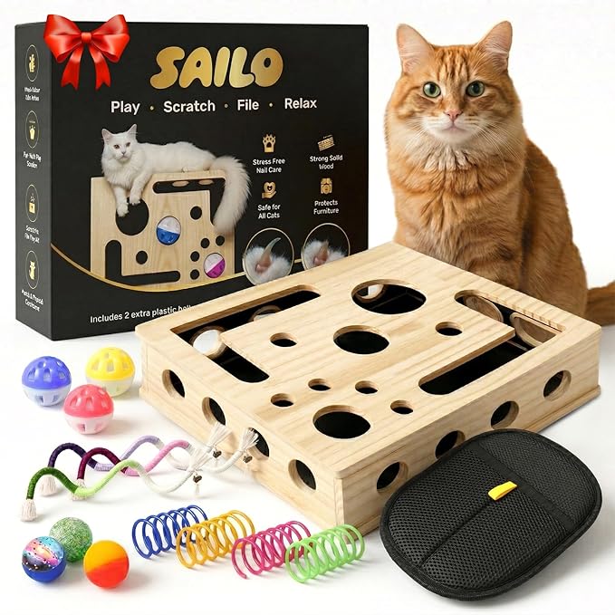SAILO Cat Nail File Scratcher and Claw Saver Box with Multiple Toys & Grooming Gloves | Interactive Toy for Indoor Cats | Treat Puzzle Enrichment Kit | Perfect Gifting Set for Cat Lovers