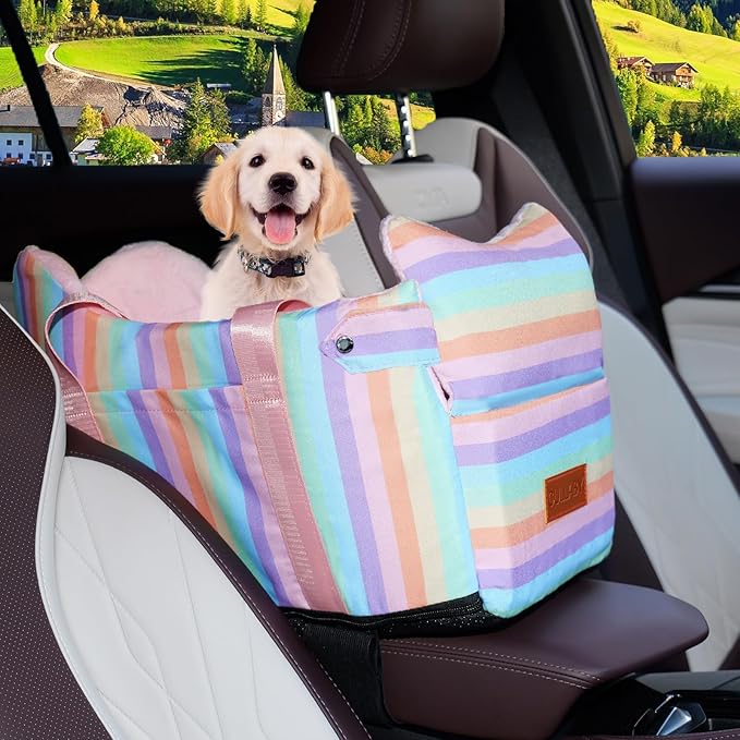 Console Dog Seat | Anti-Collapse Armrest Booster for Small Dogs & Puppies - Secure Travel Carrier with Safety Clip-in Tether & Washable Cozy Cushion Pad - Up to 15 lbs