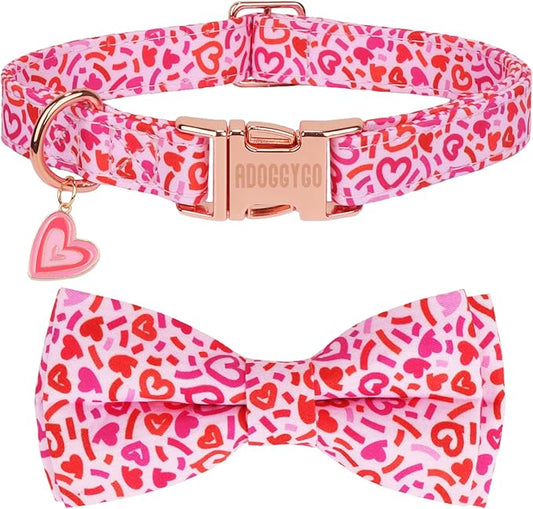 ADOGGYGO Valentine Dog Collar with Bow, Metal Buckle, Adjustable Pink Heart Bowtie Pet Valentine Collars for Medium Large Dogs (Large)