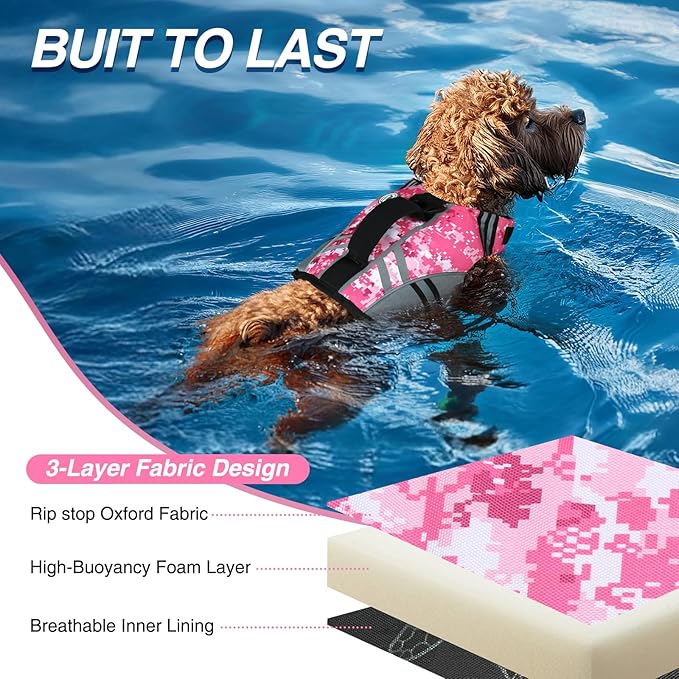 VIVAGLORY Sports Style Dog Life Vest, Dog Life Jacket for Swimming & Boating, Ripstop & Buoyancy for Puppy Doggy, Lifejacket with Handle, XS, Camo Pink