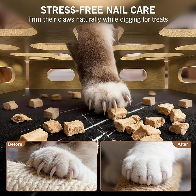 Cat Nail File Box with 3 Sandpaper Pads & 4 Bell Balls, EIODEAR Sturdy Wood Self-Grooming Scratcher for Treat-Motivated Cats, Interactive Cat Scratch Puzzle Enrichment Box with Silicone Security Rings