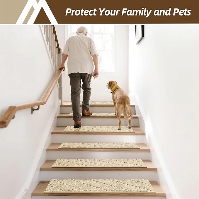 COSY HOMEER Stair Treads for Wooden Steps 9"x28",Washable Non Slip Peel and Stick Carpet Stair Treads with Reusable Residue Free Backing Soft Pet Friendly Stair Runner for Kids Elders,Warm Beige,7pcs