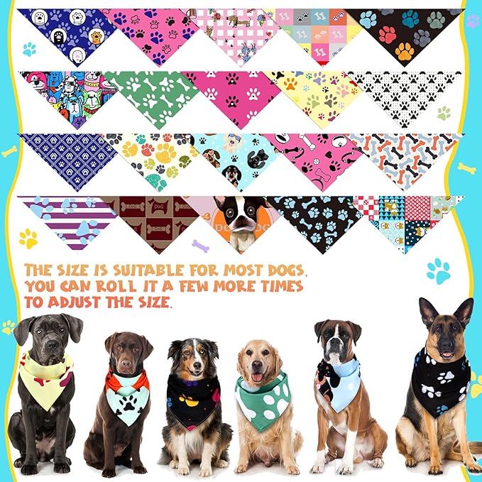Huhumy 100 Pcs Paw Dog Bandanas Bulk Paw XL Pet Bandanas Colorful Triangle Pet Bibs Scarfs for Medium Large Dogs Spring Summer Birthday Holiday Costume Decoration