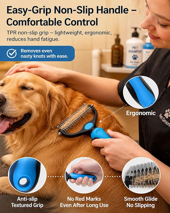 Pet Deshedding Brush for Dogs Cats, 2-in-1 Pet Grooming Tool with Rounded Stainless Steel Teeth & Non-slip Handle, Dual-Head Dematting for Thick Double Coats – Gentle Coat Care (Orange)