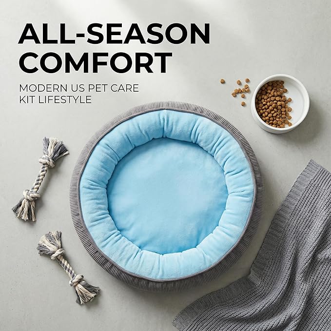 Calming Dog Bed for Small Dogs 16"x20" - Washable Donut Pet Bed with Anti-Slip Bottom, Soft Puppy Bed for Indoor Kittens and Cats with Removable Cover (Sky Blue)