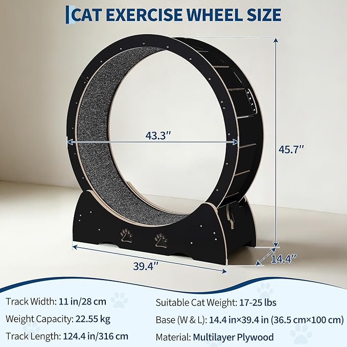 GarveeLife Cat Exercise Wheel, Wooden Cat Running Treadmill with Carpeted Runway for Indoor Cats, Low Noise Removable Carpet Cat Wheel for Kitty Running Walking Training