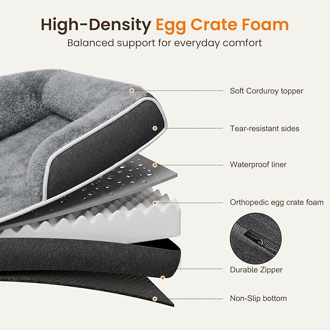 Orthopedic Dog Bed for Extra Large Dogs, 45 x 30 Inch Waterproof Egg Crate Foam XL Dog Couch Bed with Sides, Washable Removable Cover, Non Slip Bottom, Dark Grey