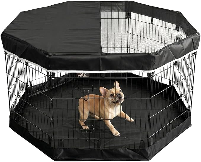 PJYuCien Octagonal Dog Playpen with Top Cover and Bottom Pad - Metal Foldable Exercise Pen, 8 Panels 30" H x 24" W Indoor Outdoor Pet Fence Puppy Crate Kennel, Black