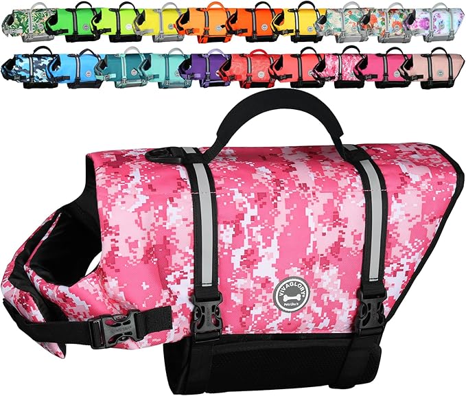 VIVAGLORY Rip Stop Dog Life Vest, Swimming Vest with Handle, Buoyancy for Doggy Puppy, Dog Life Jacket for Swimming & Boating, M, Camo Pink