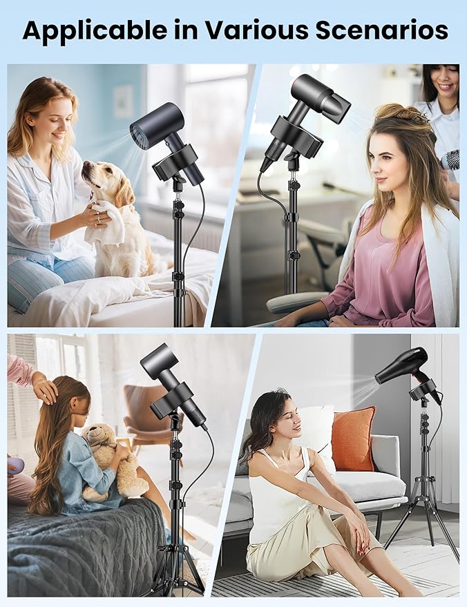Nineigh Hair Dryer Stand Hands Free, 20-63 Inch Adjustable Hair Dryer Holder with Tripod & Universal Clip, Blow Dryer Stand for Bathroom Salon Home, Perfect for Long Hair & Stylists