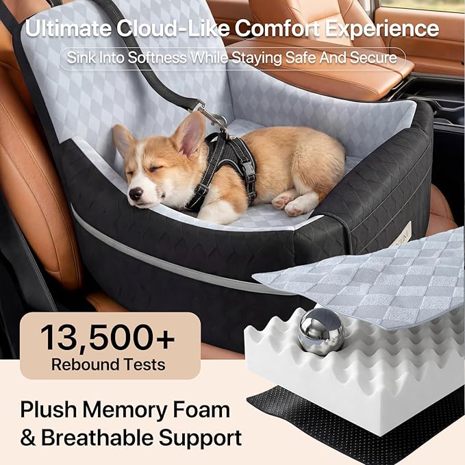 Doglike Dog Car Seat for Small Dogs Up to 35 lbs [2026 Ultimate Comfort & Safety], 5" Memory Foam Pet Booster Seats with Detachable Washable Cover, Dog Bed for Car with Puppy Travel Safety Belts, Grey