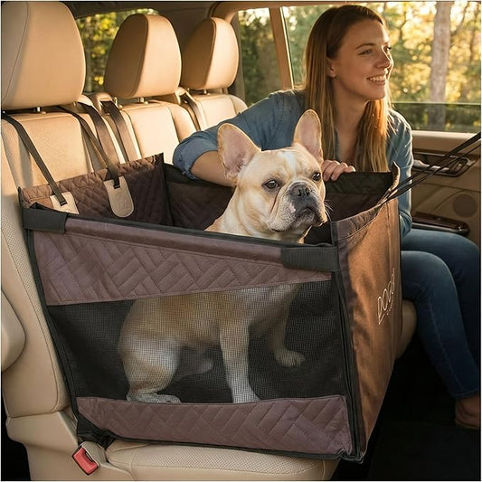 Dog Car Seat Cover with Hard Bottom – Back Seat Extender for Dogs Up to 35 lbs, Waterproof Non-Slip Hammock, Rigid Reinforced Base with Triple Security System, Storage Pockets, fits Cars SUVs Trucks