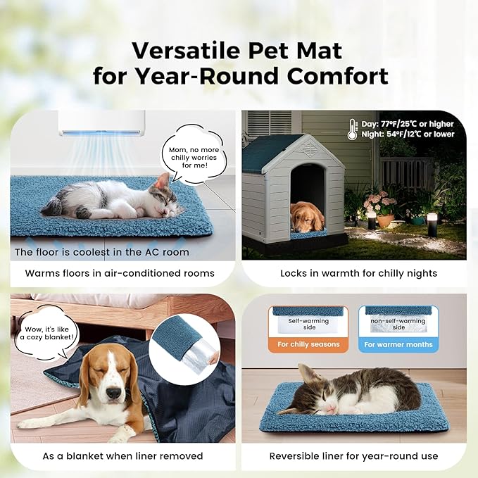 Dog Bed Mat Self Heating Pad for Medium Small Dogs, Dog House Bed Crate Pad for Sleeping Self Warming Pet Bed Puppy Blanket with Removable Washable Cover, Blue 36 Inches