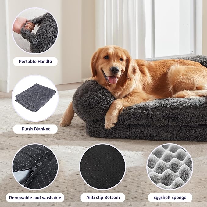 Foldable Human Dog Bed - 71 "x41 x12“ Human Sized Dog Bed with Orthopedic Foam, Fluffy Faux Fur Pet Couch with Waterproof Liner, Non-Slip Bottom, Washable Cover, Cozy Floor Lounger - Dark Gray